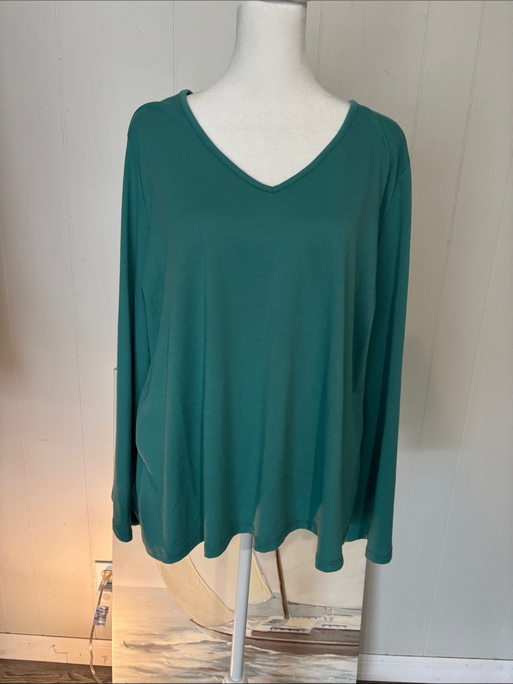 Carmen Marc Valvo Teal V-Neck Long Sleeve Top
